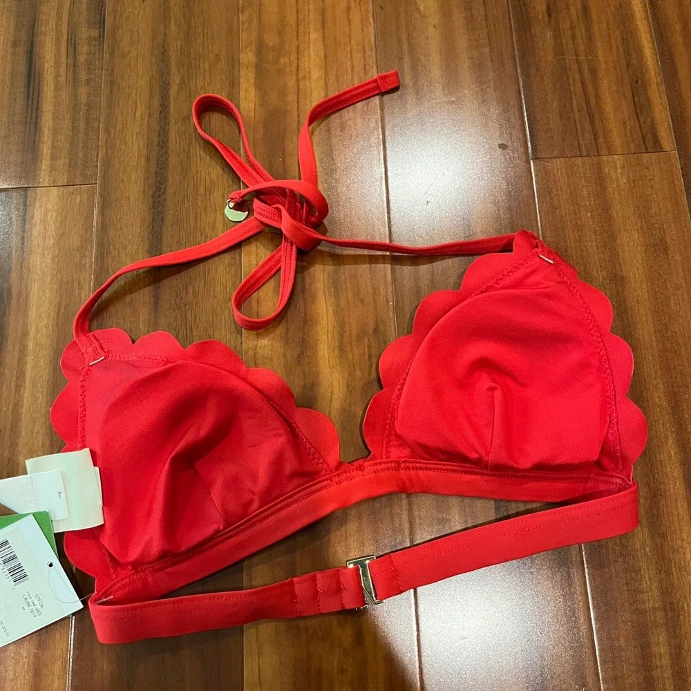 Kate Spade Red Bikini Top Rosa Scalloped Triangle Swim Halter Tie New Size XS